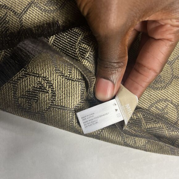 Michael Kors Monogram Logo Woven Fringe Shawl Brown Tan Wrap Elegant 80 x 25 - Picture 6 of 7